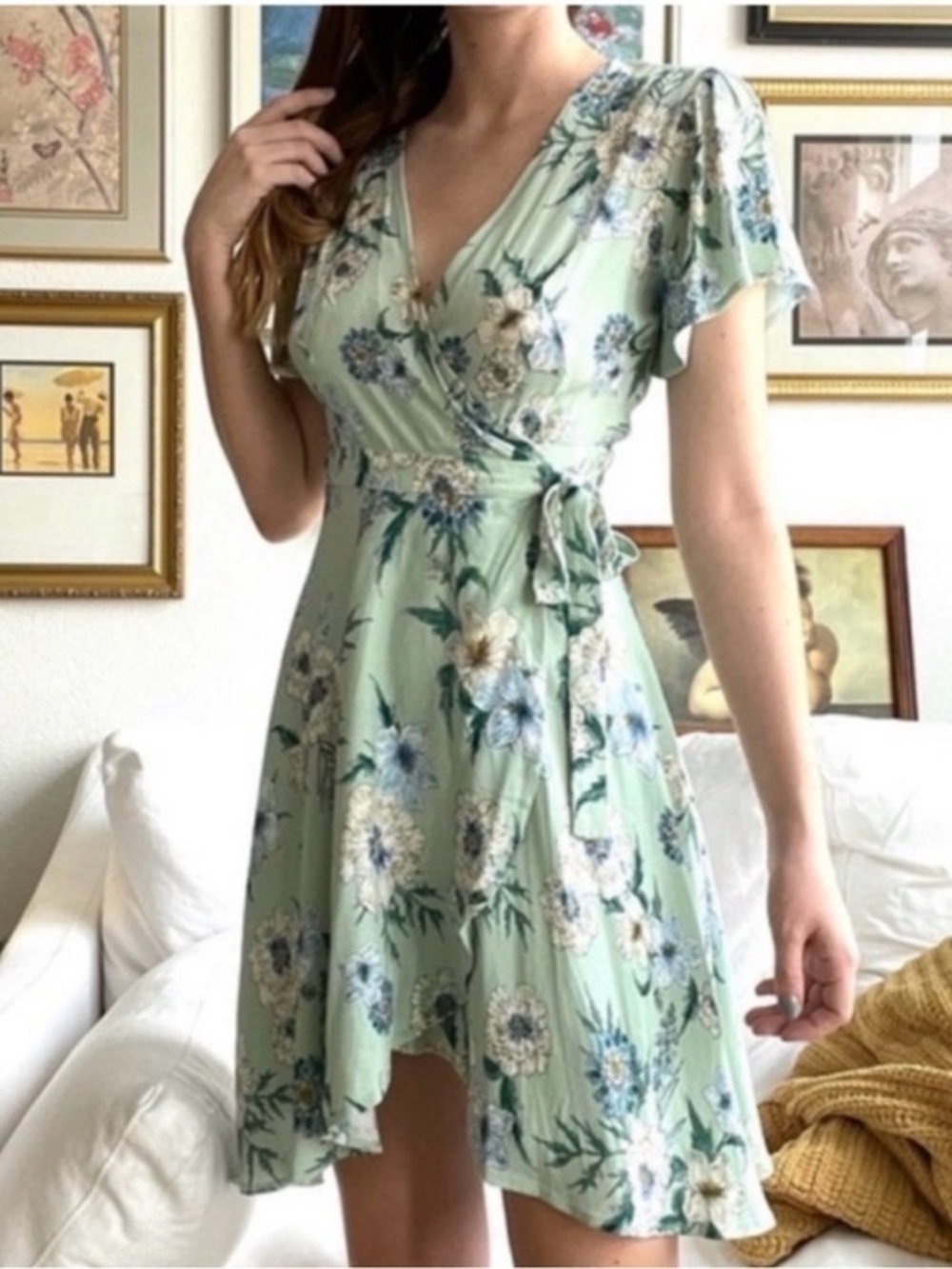Astr whimsy romantic feminine Mint Floral Wrap Mini Dress in Light Green